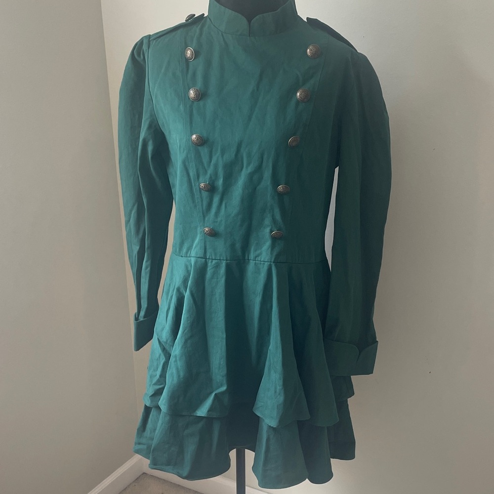 Women's Emerald Green Double-Breasted Military Pea Coat Dress